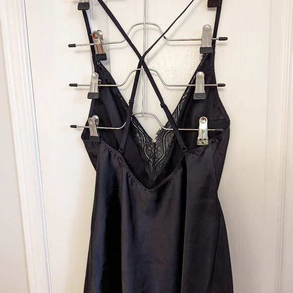Black satin slip chemise with lace neckline (Small) - Picture 2 of 5